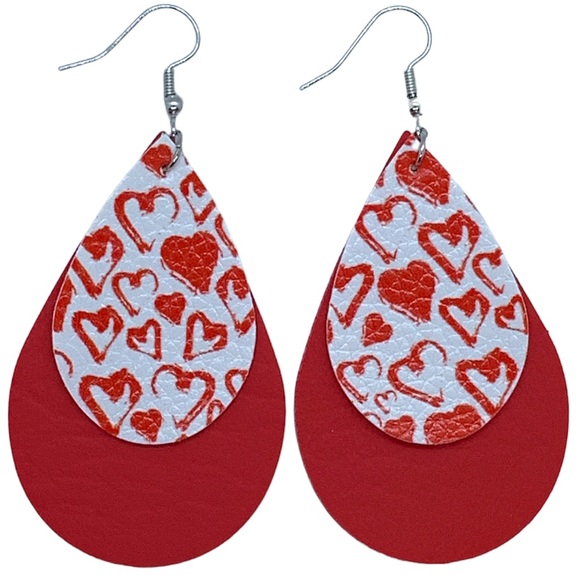 Jewelry - Faux Leather Teardrop Earrings Valentine Hearts